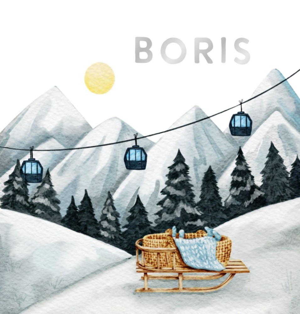 Geboortekaartje Boris - jongen wintersport slee met rotan mandje in sneeuw