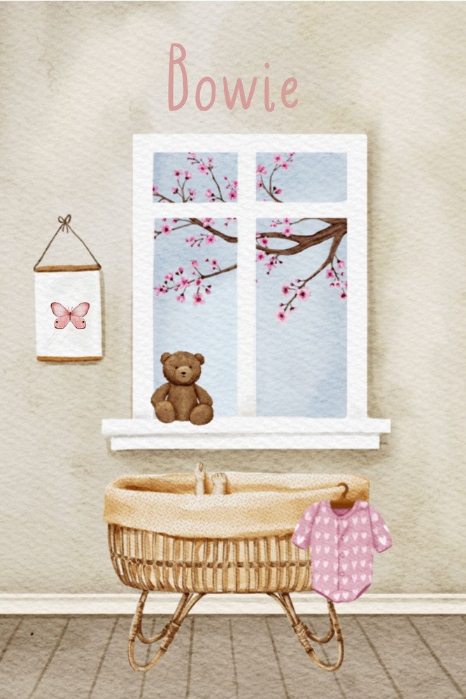 Geboortekaartje Bowie - kinderkamertje met wiegje, poster, pakje en raam met bloesemboom