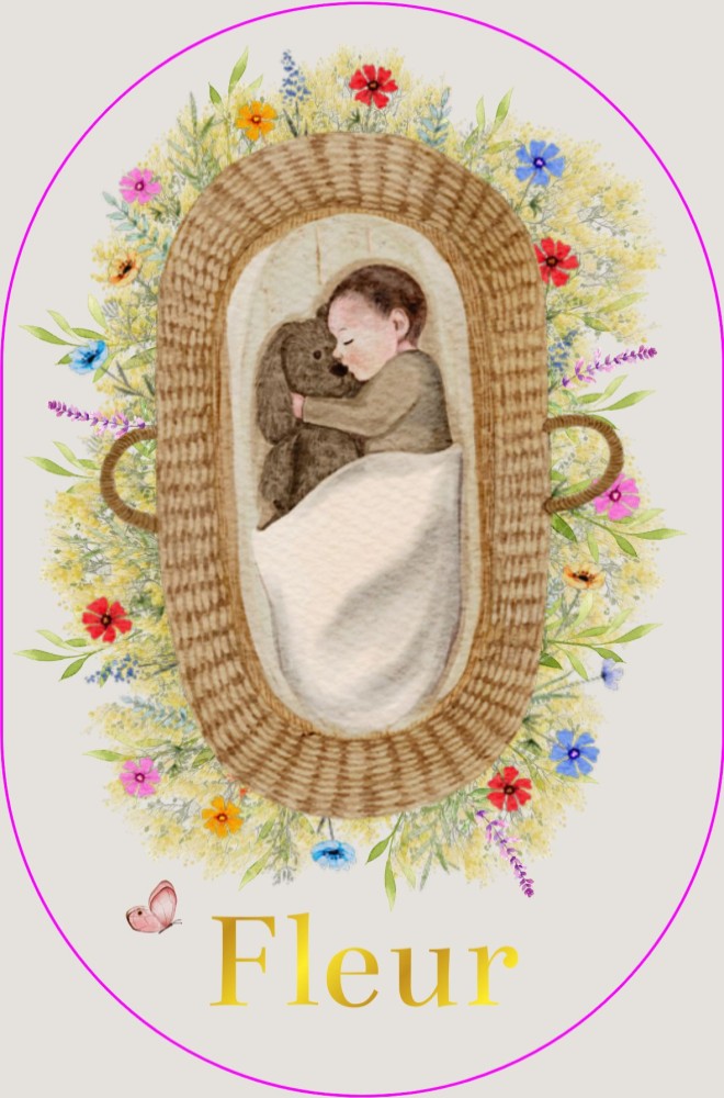 Geboortekaartje Fleur - rotan mandje en baby tussen bloemen (ovaal)