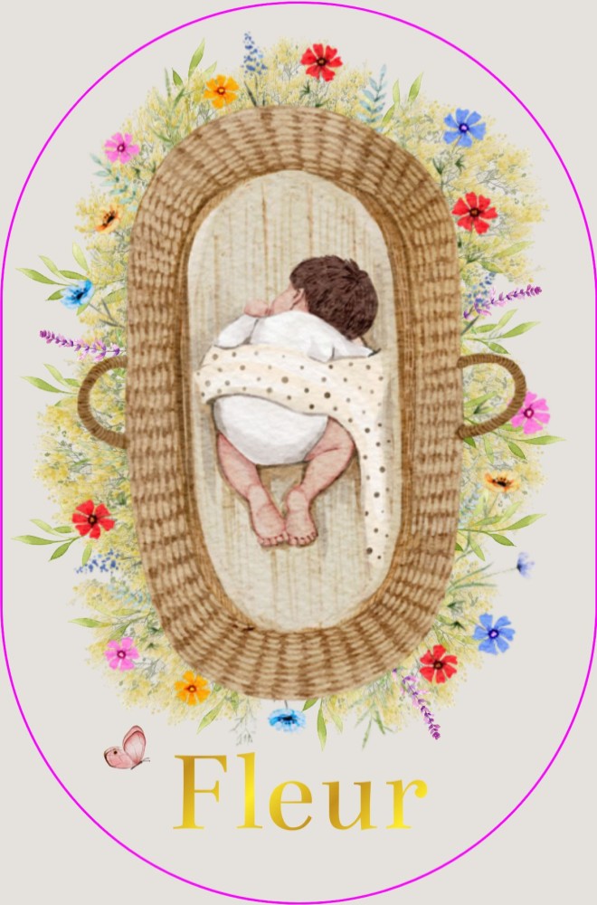 Geboortekaartje Fleur - rotan mandje en baby tussen bloemen (ovaal)