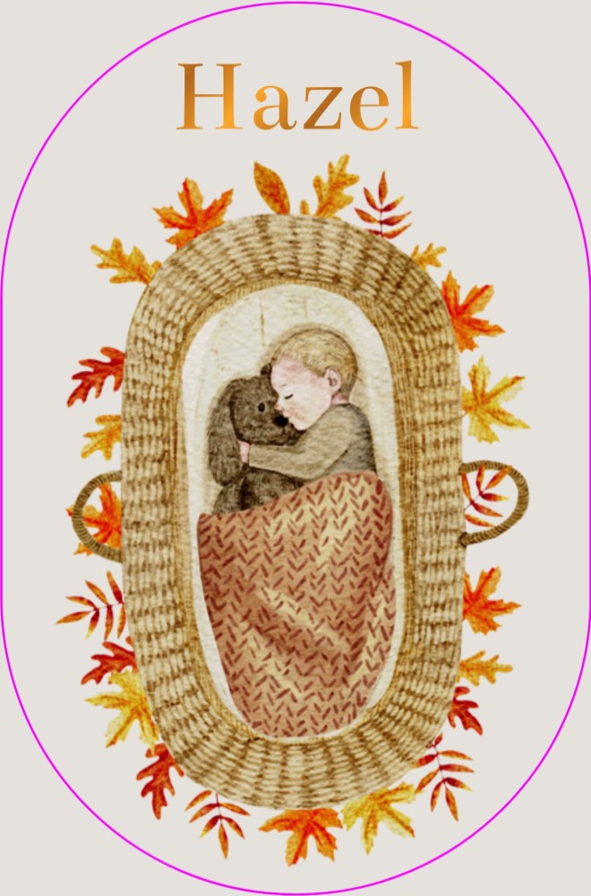 Geboortekaartje Hazel - herfst baby (blond) rotan mandje tussen herfstbladeren