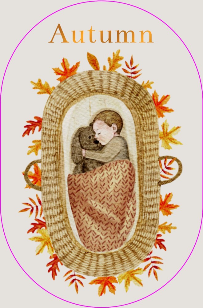 Geboortekaartje Autumn - herfst baby (bruin) rotan mandje tussen herfstbladeren
