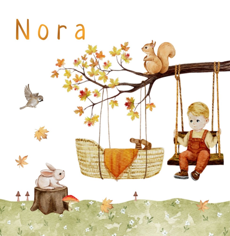 Geboortekaartje Nora - herfst broer blond en mand aan tak goudfolie blaadjes