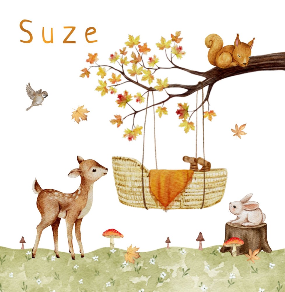 Geboortekaartje Suze - herfst goudfolie blaadjes, tak met mand en bosdieren