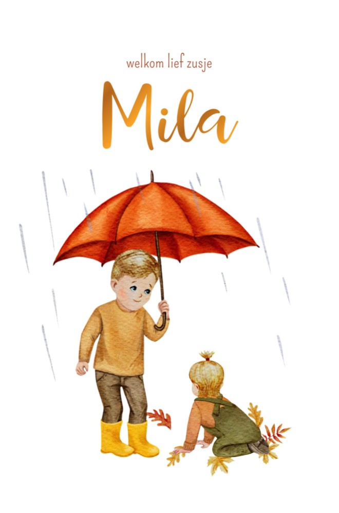 Geboortekaartje Mila - herfst grote broer (blond) met paraplu en baby (blond)