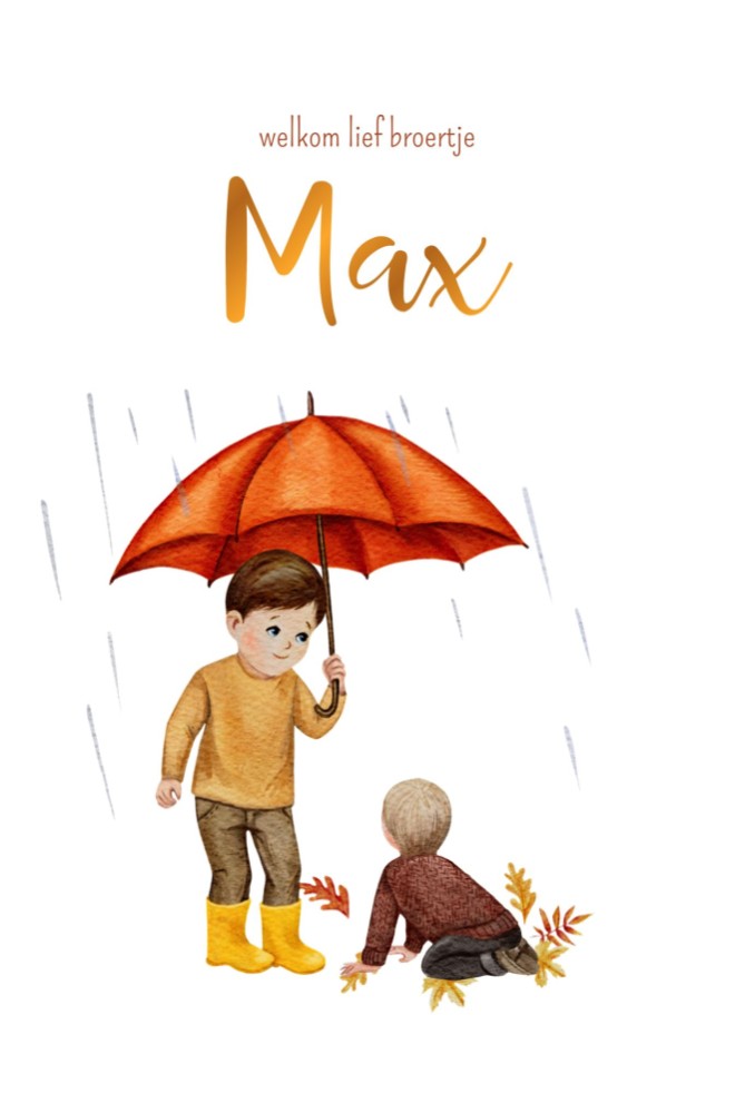 Geboortekaartje Max - herfst grote broer (bruin) paraplu en baby (blond)