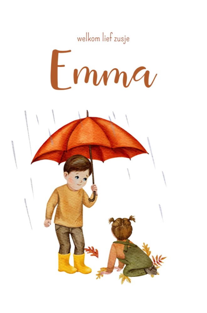 Geboortekaartje Emma - herfst grote broer (bruin) paraplu en meisje (bruin)