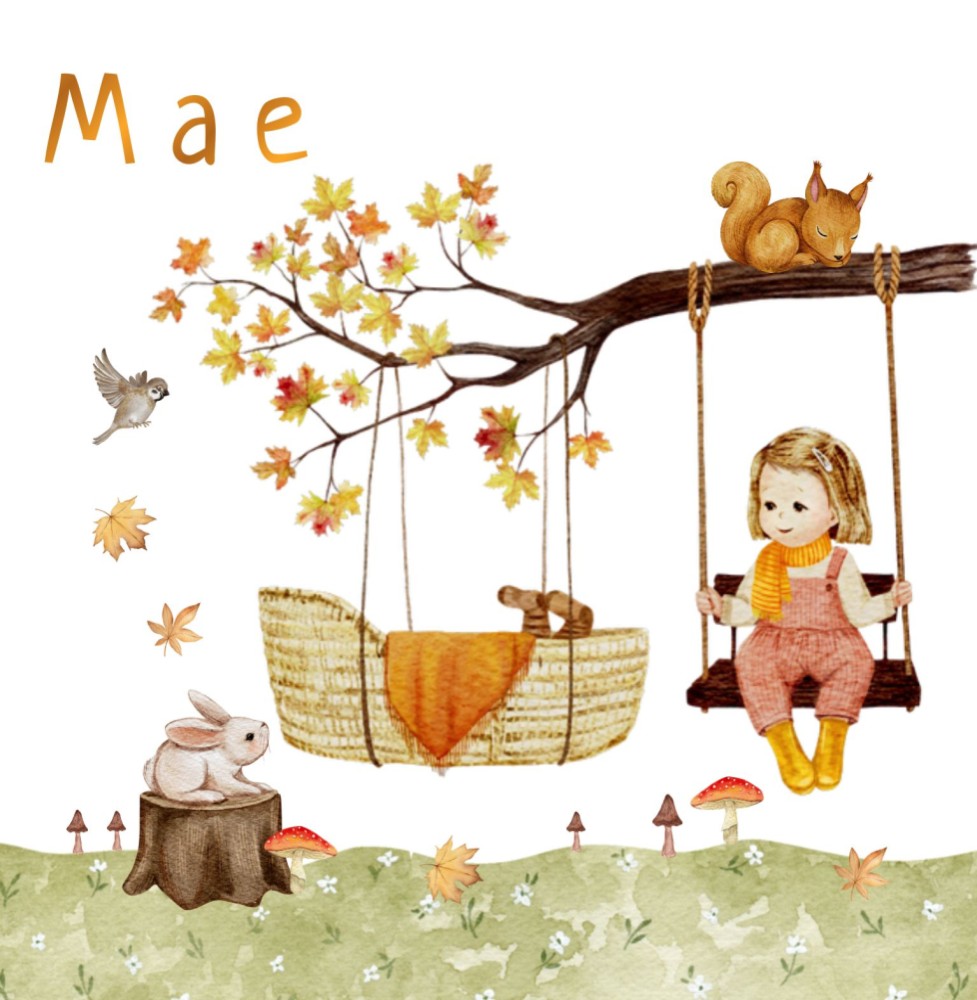 Geboortekaartje Mae - herfst zus en mandje aan tak met goudfolie blaadjes
