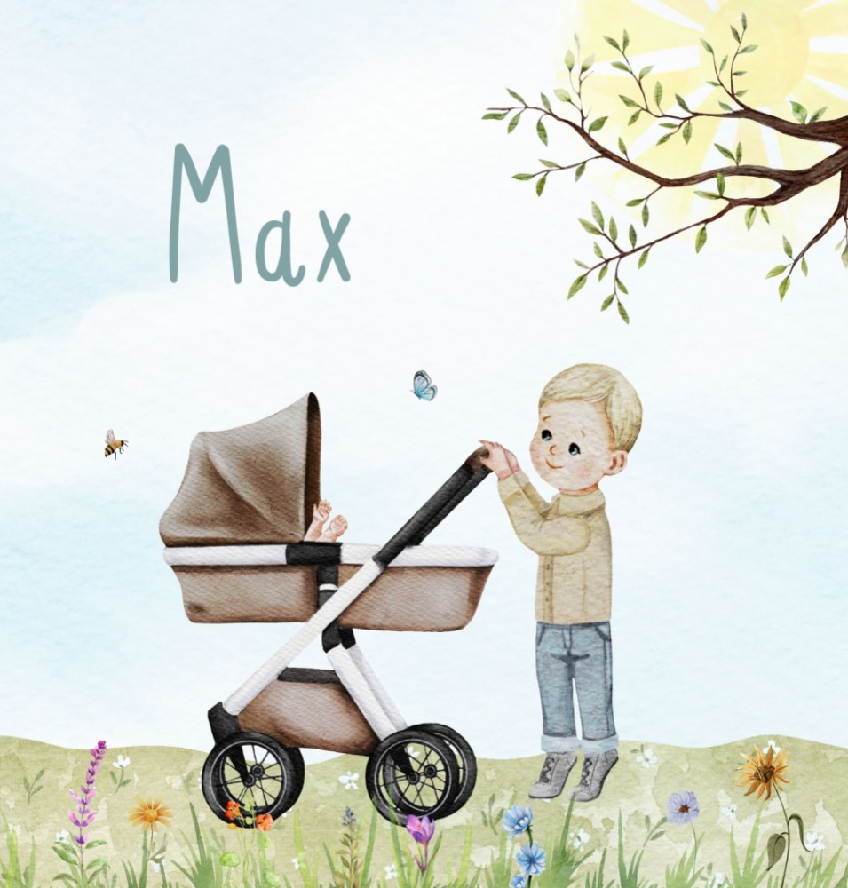 Geboortekaartje Max - voor een jongen met grote broer bij kinderwagen