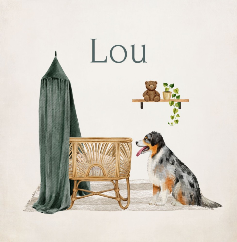 Geboortekaartje Lou - Australian Shephard hond bij wiegje