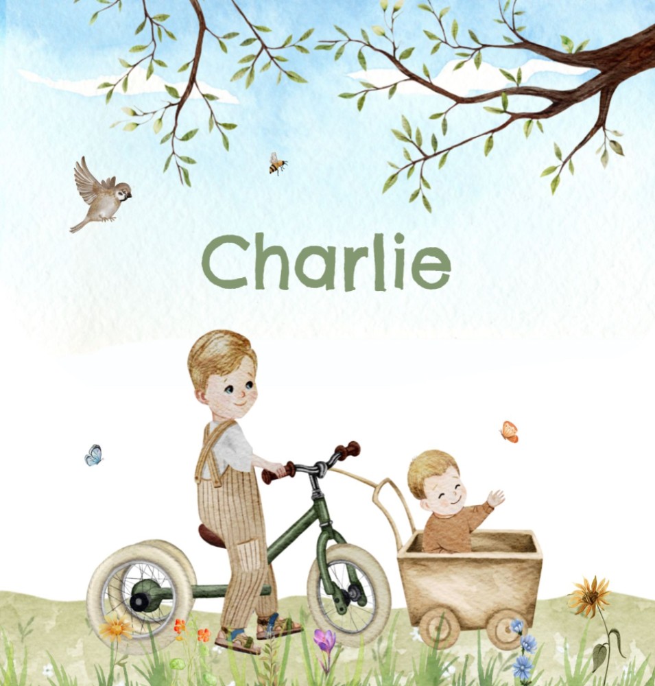 Geboortekaartje Charlie - jongen lente grote broer blond op fiets met klein broertje
