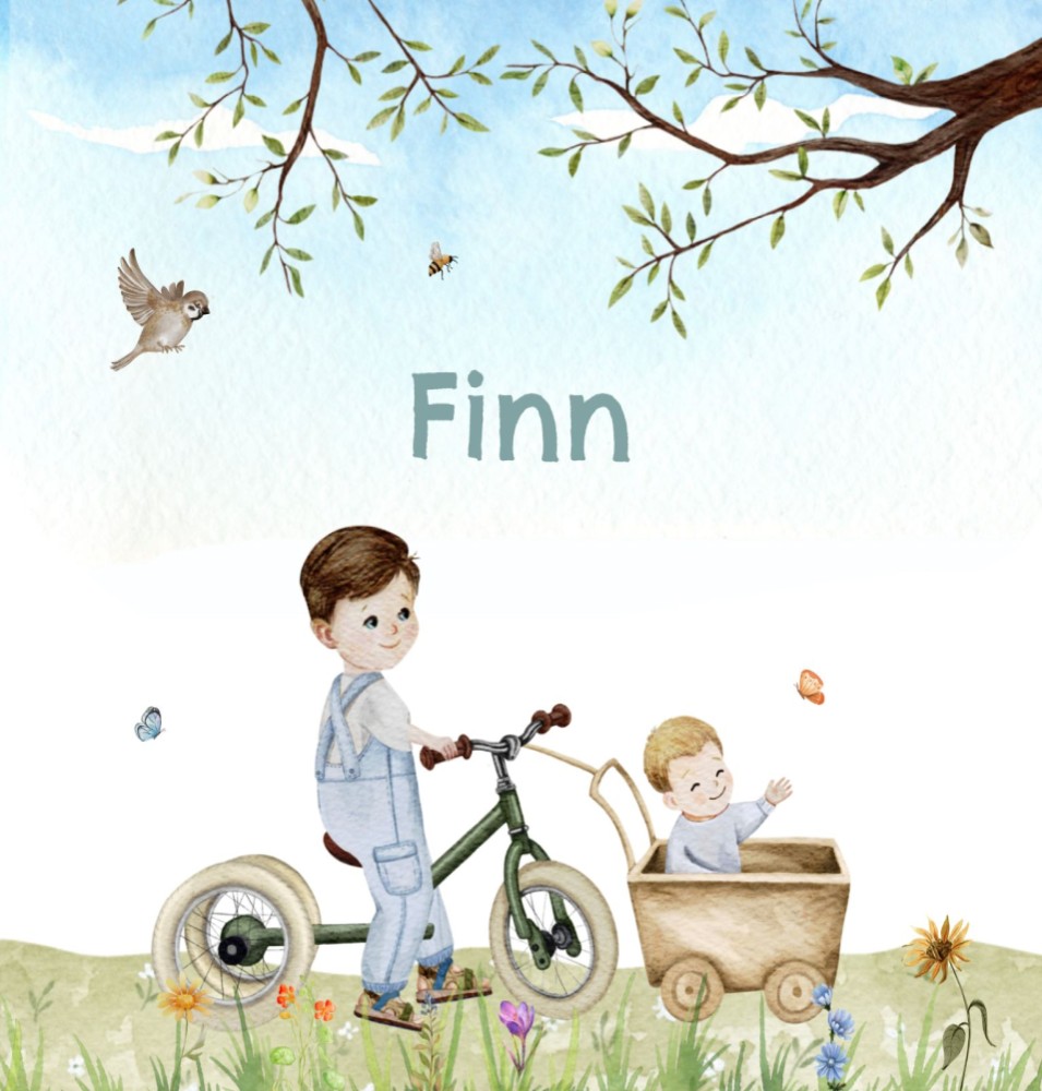 Geboortekaartje Finn - jongen lente grote broer op fiets met klein broertje