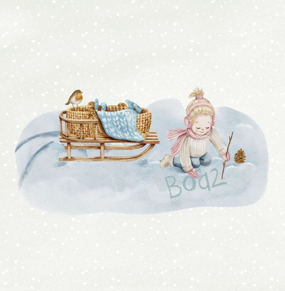 Geboortekaartje Boaz - jongen mand op slee en grote zus (blond) schrijft naam sneeuw