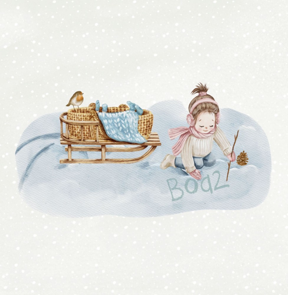 Geboortekaartje Boaz - jongen mand op slee en grote zus (bruin) schrijft naam sneeuw