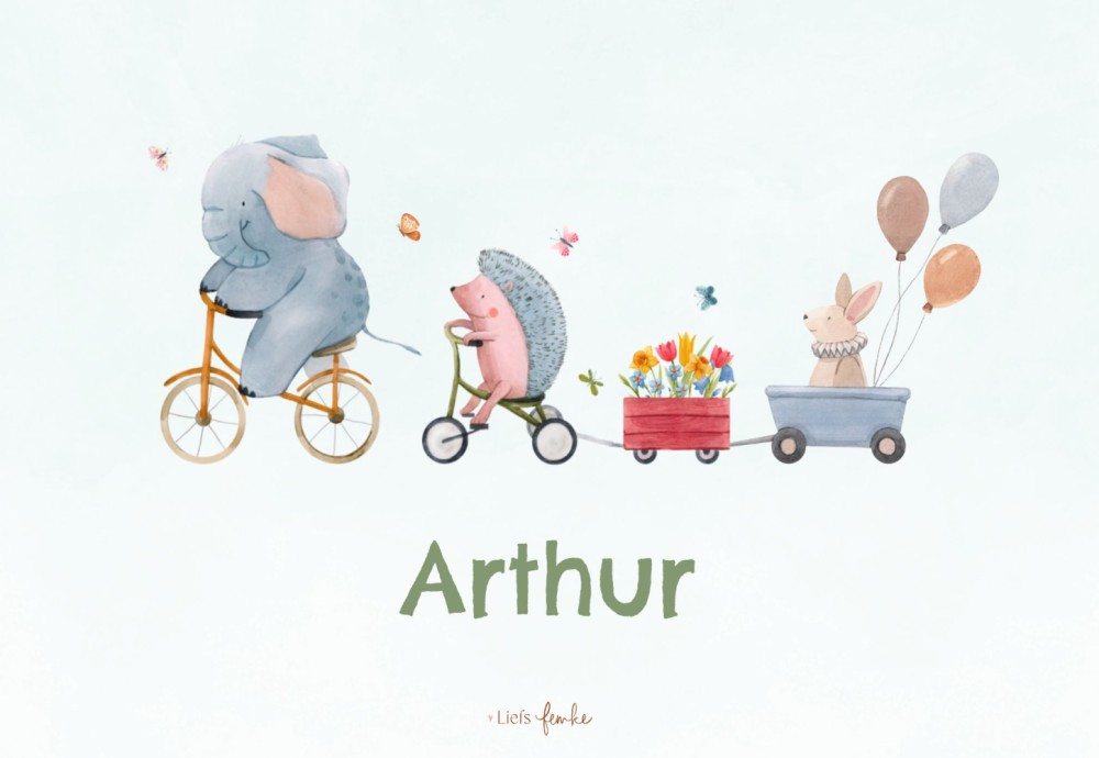 Geboortekaartje Arthur - jongen met fietsend olifantje, egeltje en konijntje