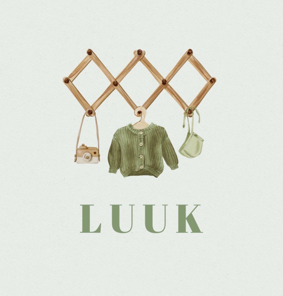 Geboortekaartje Luuk - jongen wandrek met items