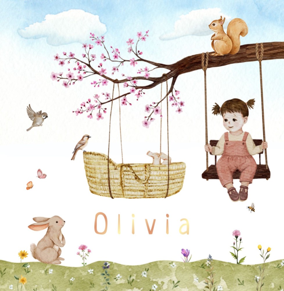 Geboortekaartje Olivia - lente mandje bloesemtak zusje bruin kapsel schommel