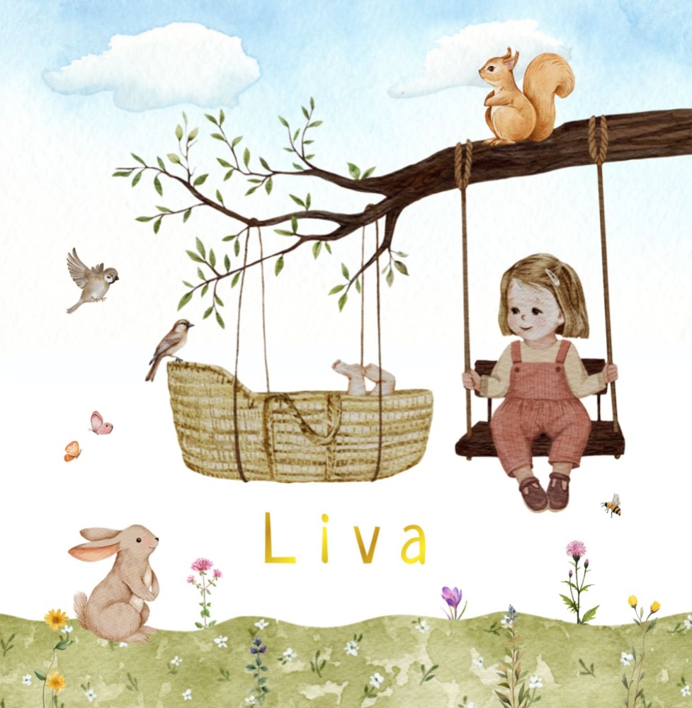Geboortekaartje Liva - lente mandje lente tak zusje bruin kapsel schommel