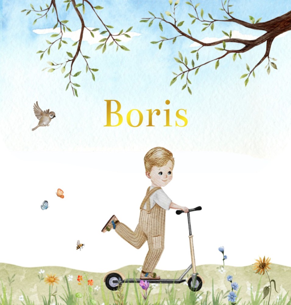 Geboortekaartje Boris - lente zomer jongen op step met bloemen