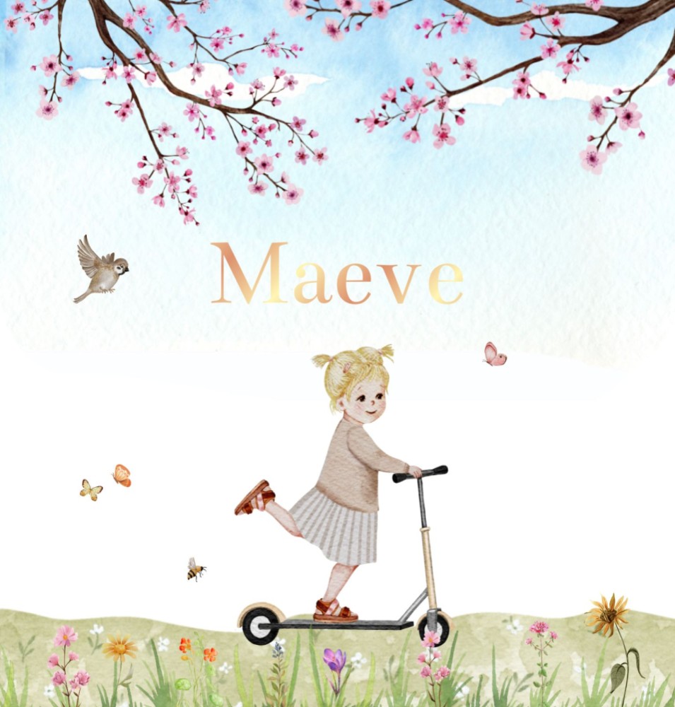 Geboortekaartje Maeve - lente zomer meisje blonde haren op step met bloemen