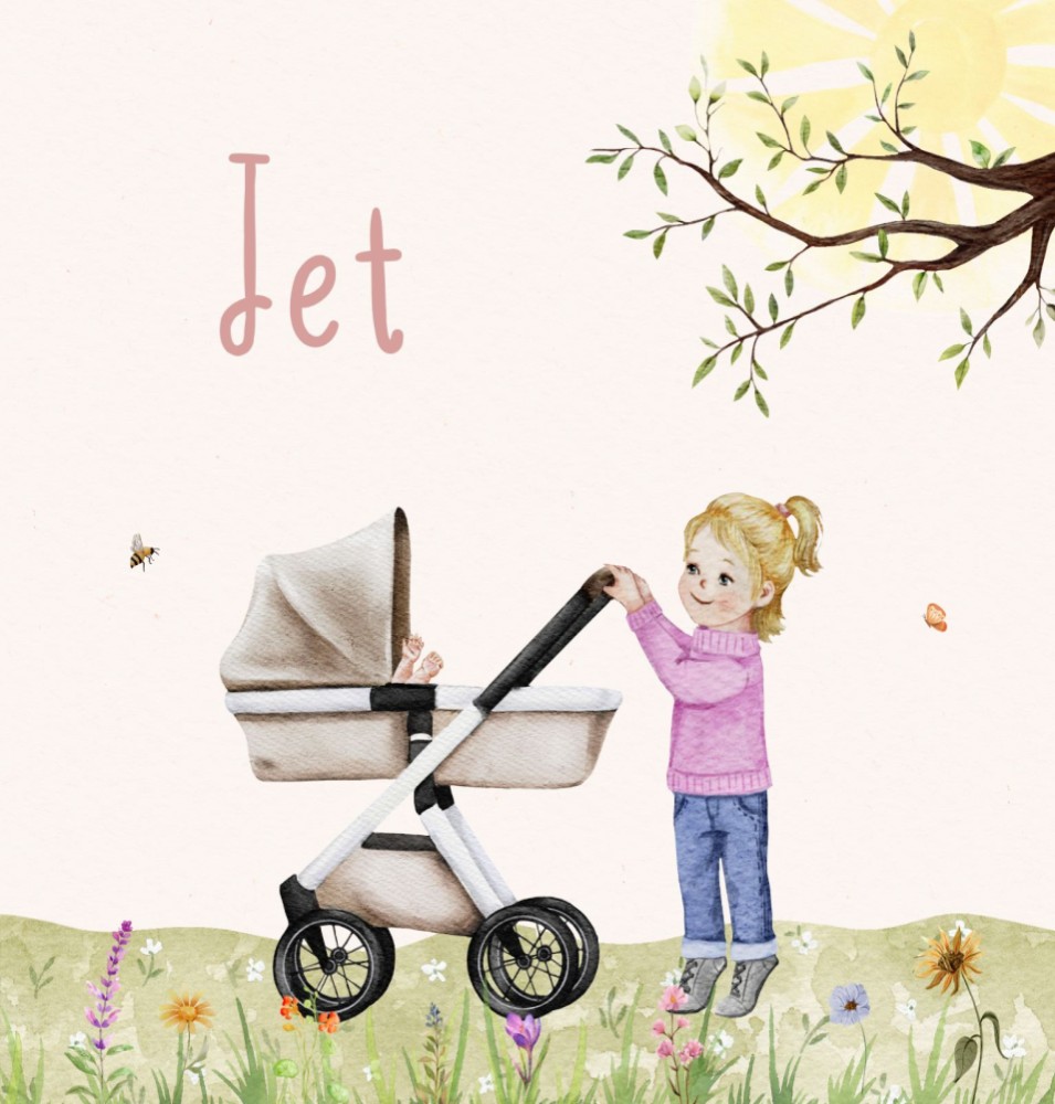Geboortekaartje Jet - voor een meisje met grote zus bij kinderwagen