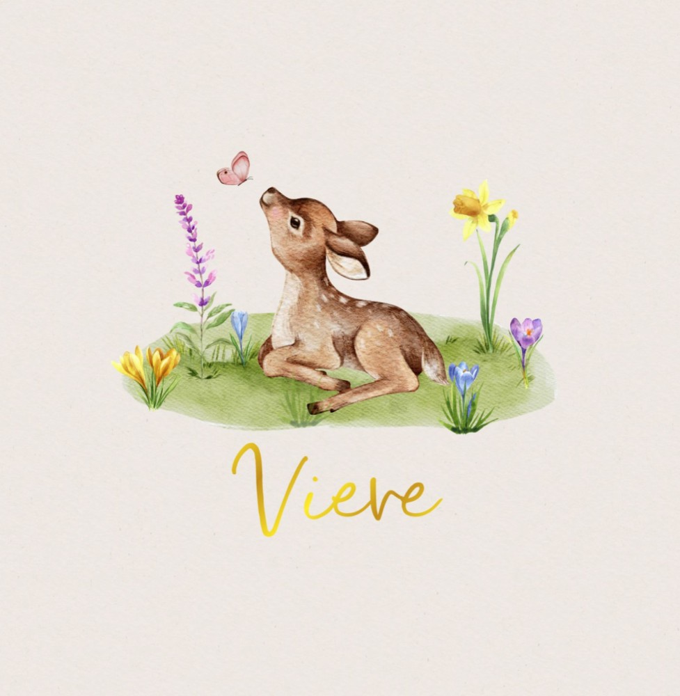 Geboortekaartje Vieve - meisje hertje liggend met bloemen en insecten