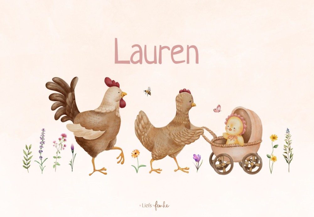 Geboortekaartje Lauren - meisje kuikentje in kinderwagen