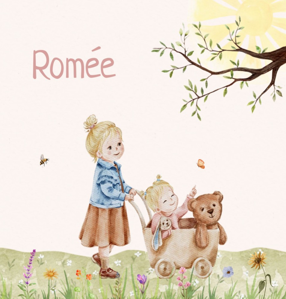 Geboortekaartje Romée - meisje zusje fiets met karretje en bloemen