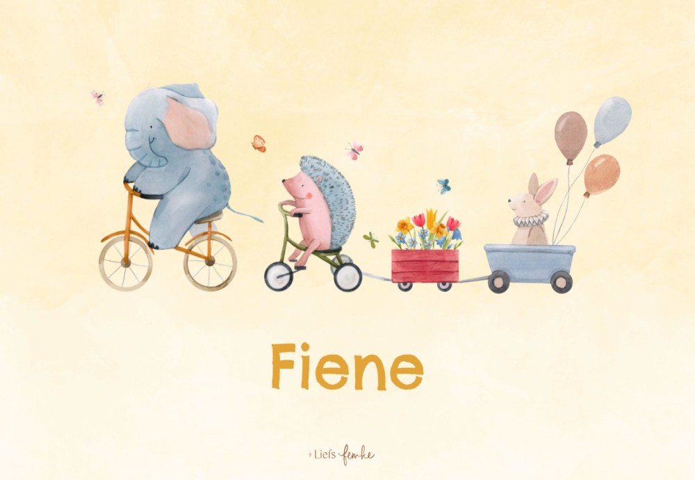 Geboortekaartje Fiene - met fietsend olifantje, egeltje en konijntje