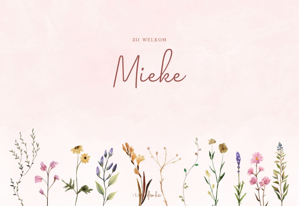 Geboortekaartje Mieke - meisje met fleurige bloemetjes
