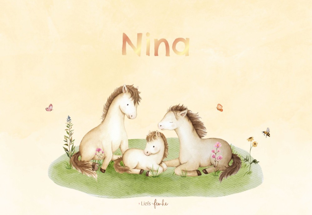 Geboortekaartje Nina - meisje paardengezin en naam in roséfolie