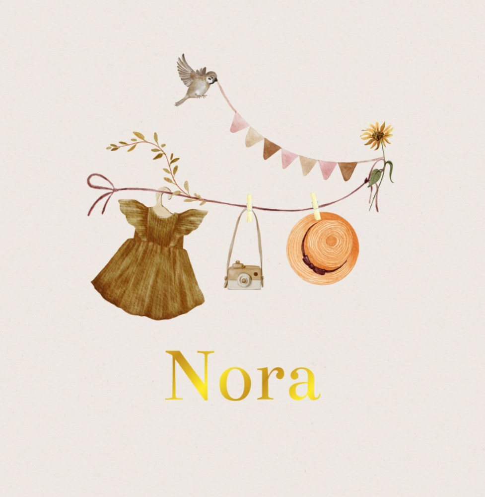 Geboortekaartje Nora - meisje wandrekje met jurkje, zonnehoed en accessoires