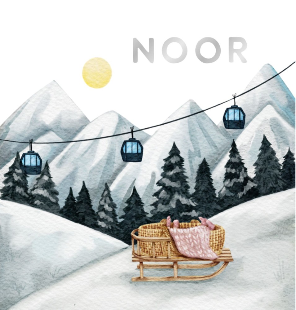 Geboortekaartje Noor - meisje wintersport slee met rotan mandje in sneeuw