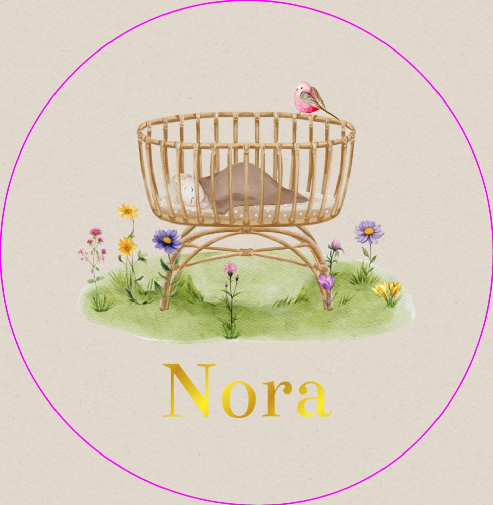 Geboortekaartje Nora - rotan wiegje, veldbloemen en vogeltje