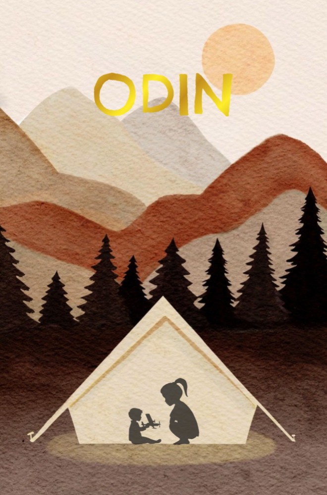 Geboortekaartje Odin - silhouet avontuur broertje in tent met zusje en bergen