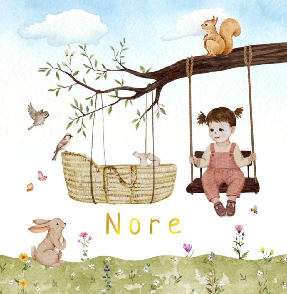 Geboortekaartje Nore - mandje lente tak zusje bruine haren schommel