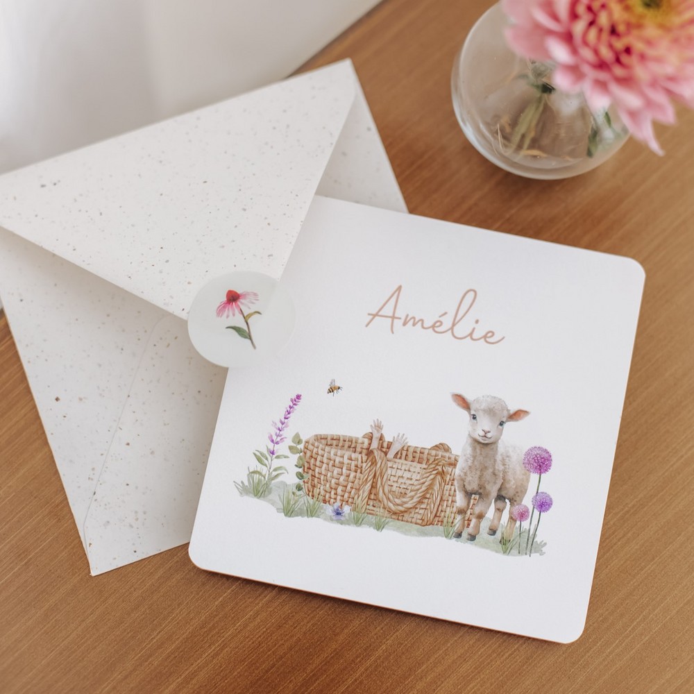 Geboortekaartje Amélie - meisje lente met lammetje