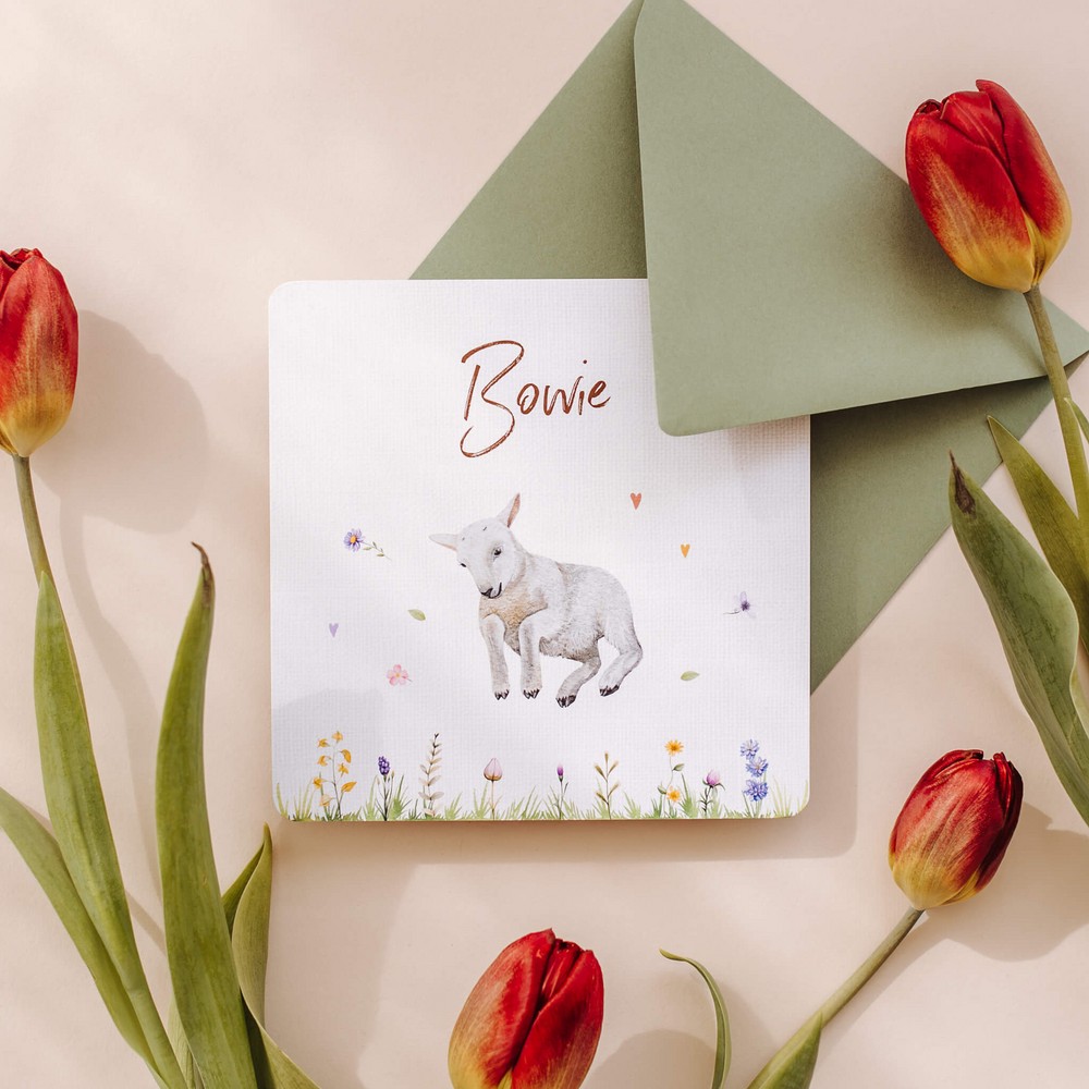 Geboortekaartje Bowie - meisje springend lammetje tussen (veld)bloemen