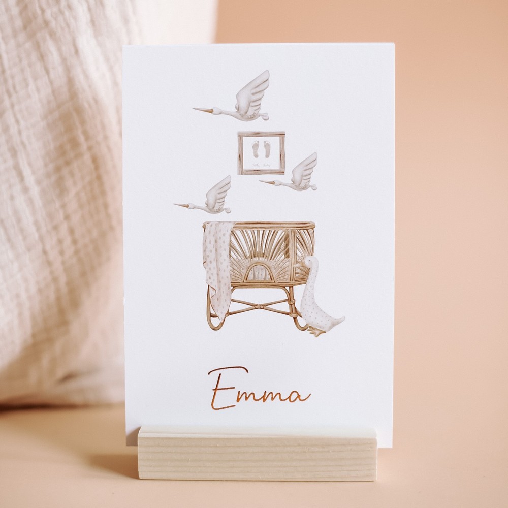Geboortekaartje Emma - meisje wieg met vliegende zwaantjes