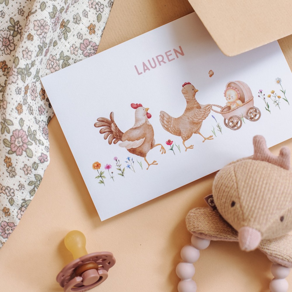 Geboortekaartje Lauren - meisje kuikentje in kinderwagen
