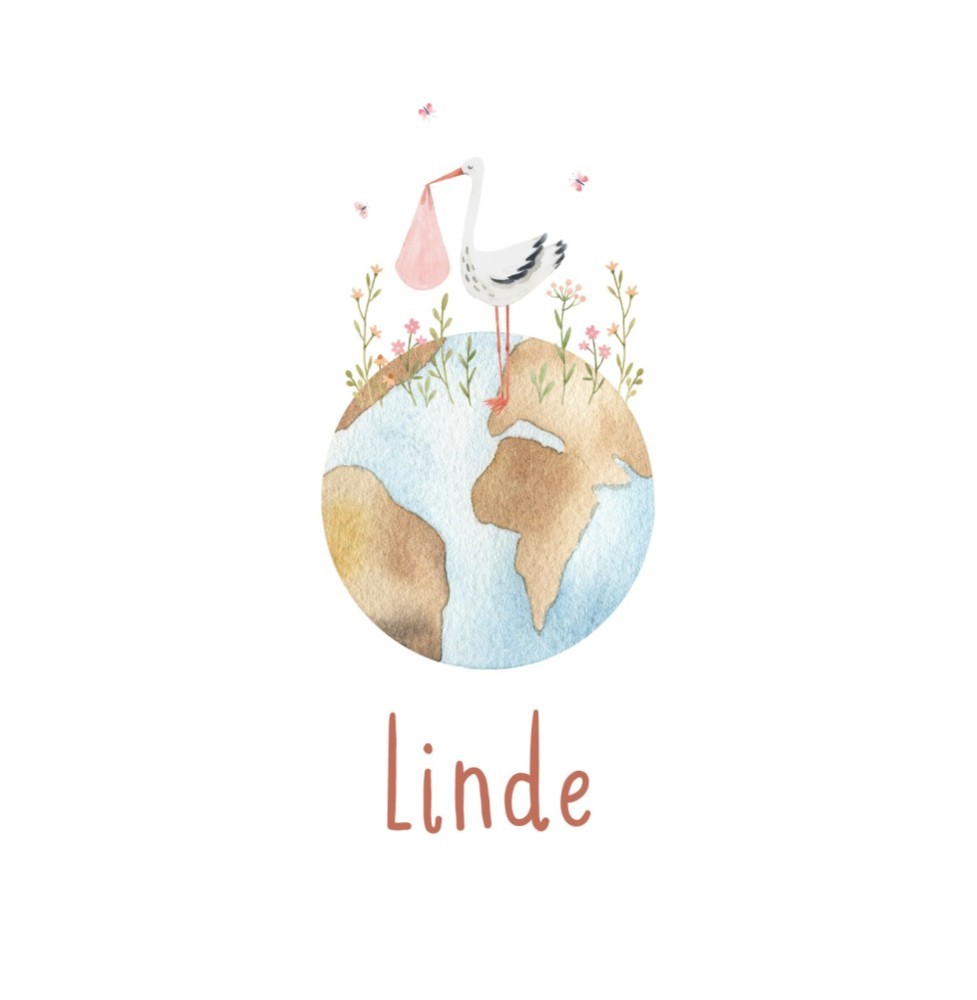 Geboortekaartje Linde - wereldbol met ooievaar