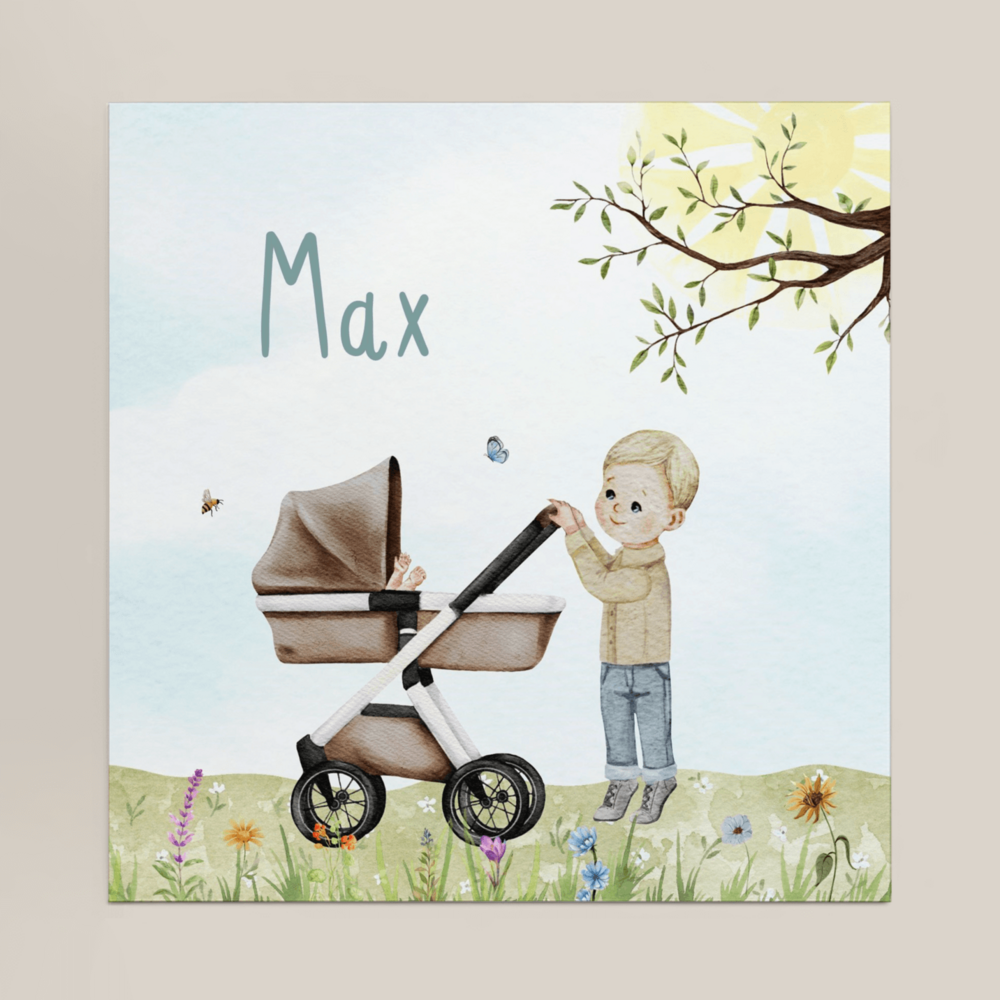 Geboortekaartje Max - voor een jongen met grote broer bij kinderwagen