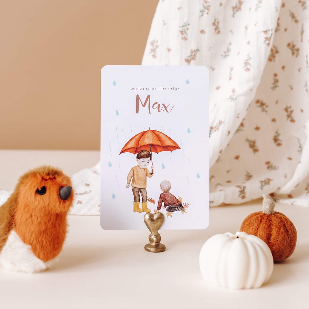 Geboortekaartje Max - herfst grote broer (bruin) paraplu en baby (blond)