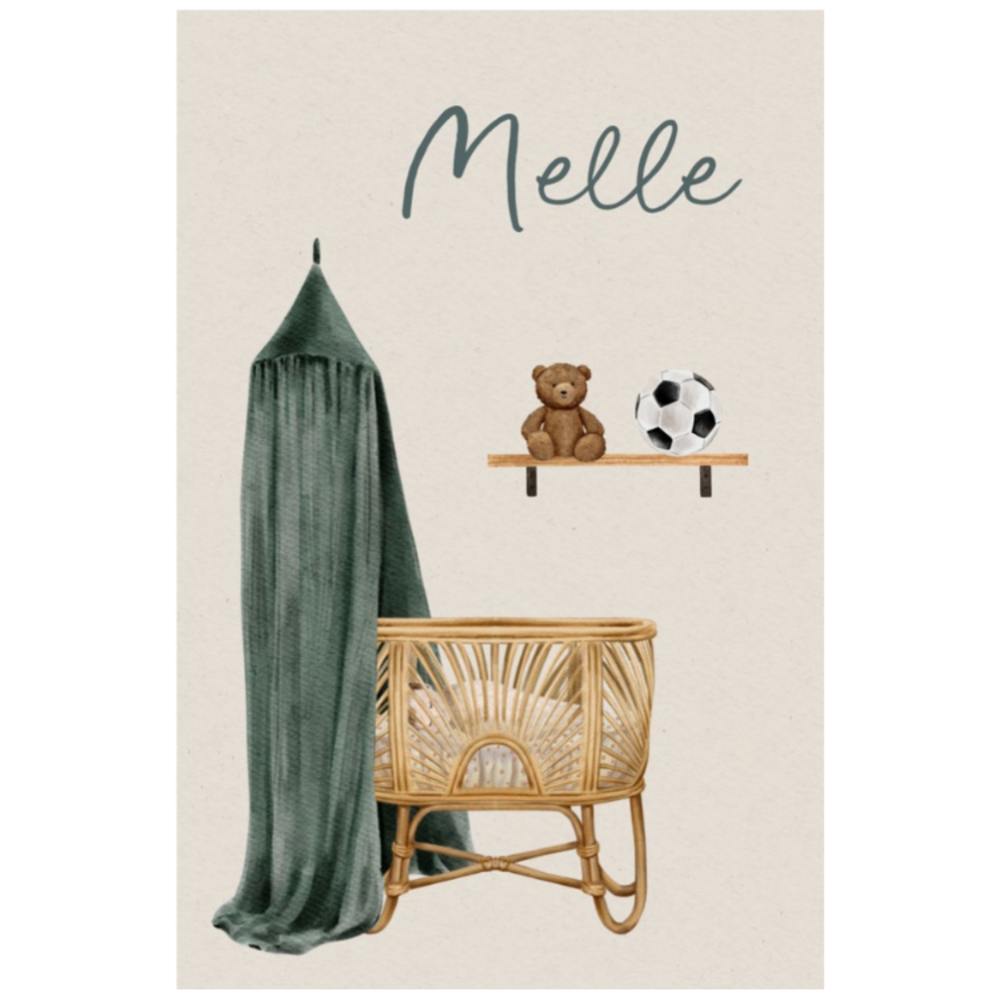 Geboortekaartje Melle - jongen met wiegje met groen hemeltje