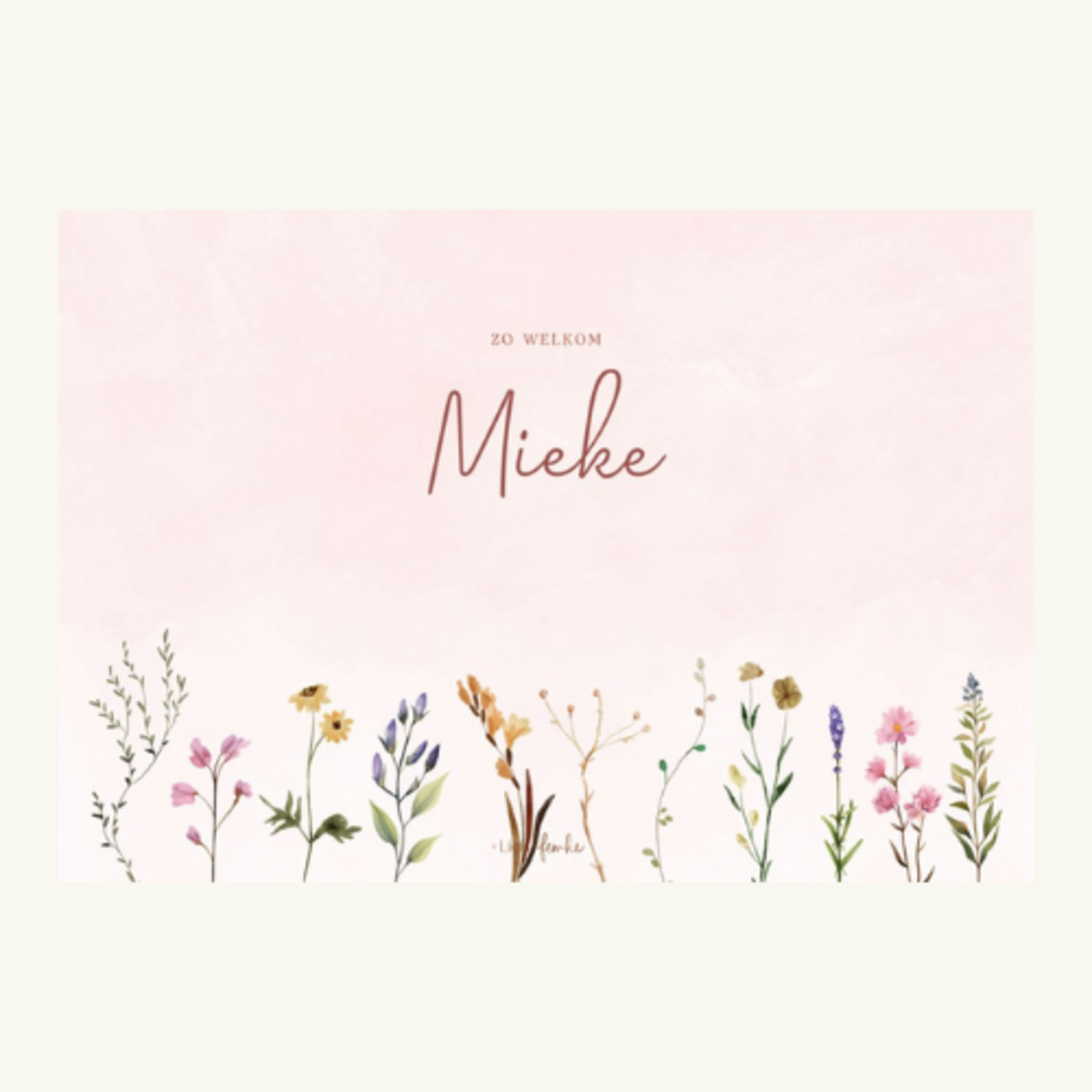 Geboortekaartje Mieke - meisje met fleurige bloemetjes