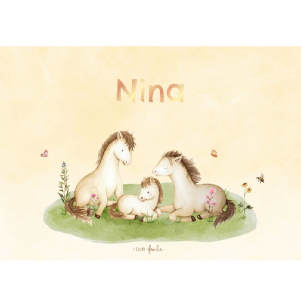 Geboortekaartje Nina - meisje paardengezin en naam in roséfolie