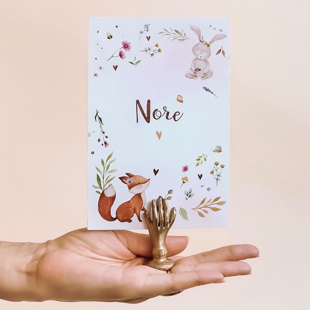 Geboortekaartje Nore - lente meisje met vosje en konijntje