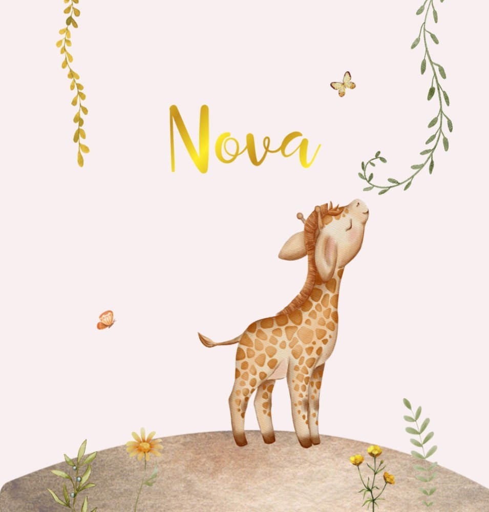 Geboortekaartje Nova - meisje met giraffe tussen bloemetjes