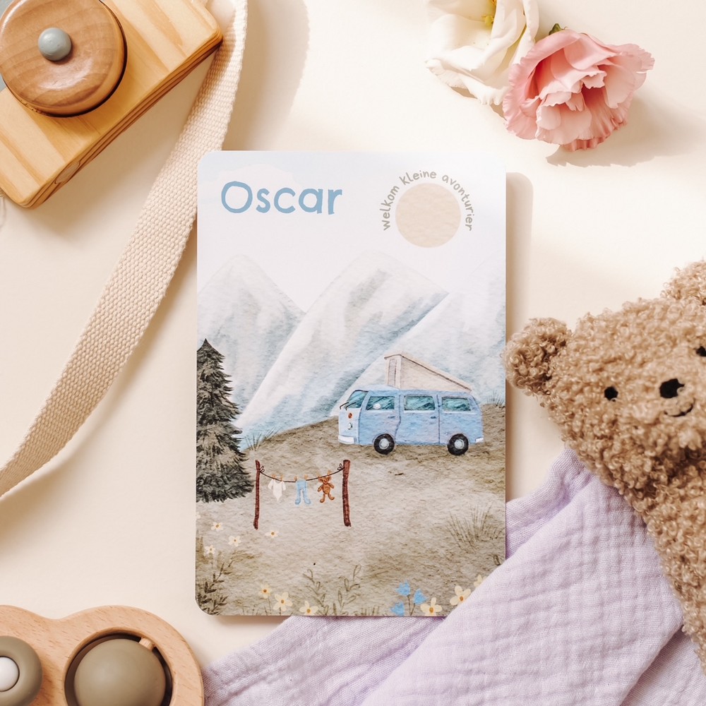 Geboortekaartje Oscar - avontuur jongen Volkswagen busje, waslijn, bergen