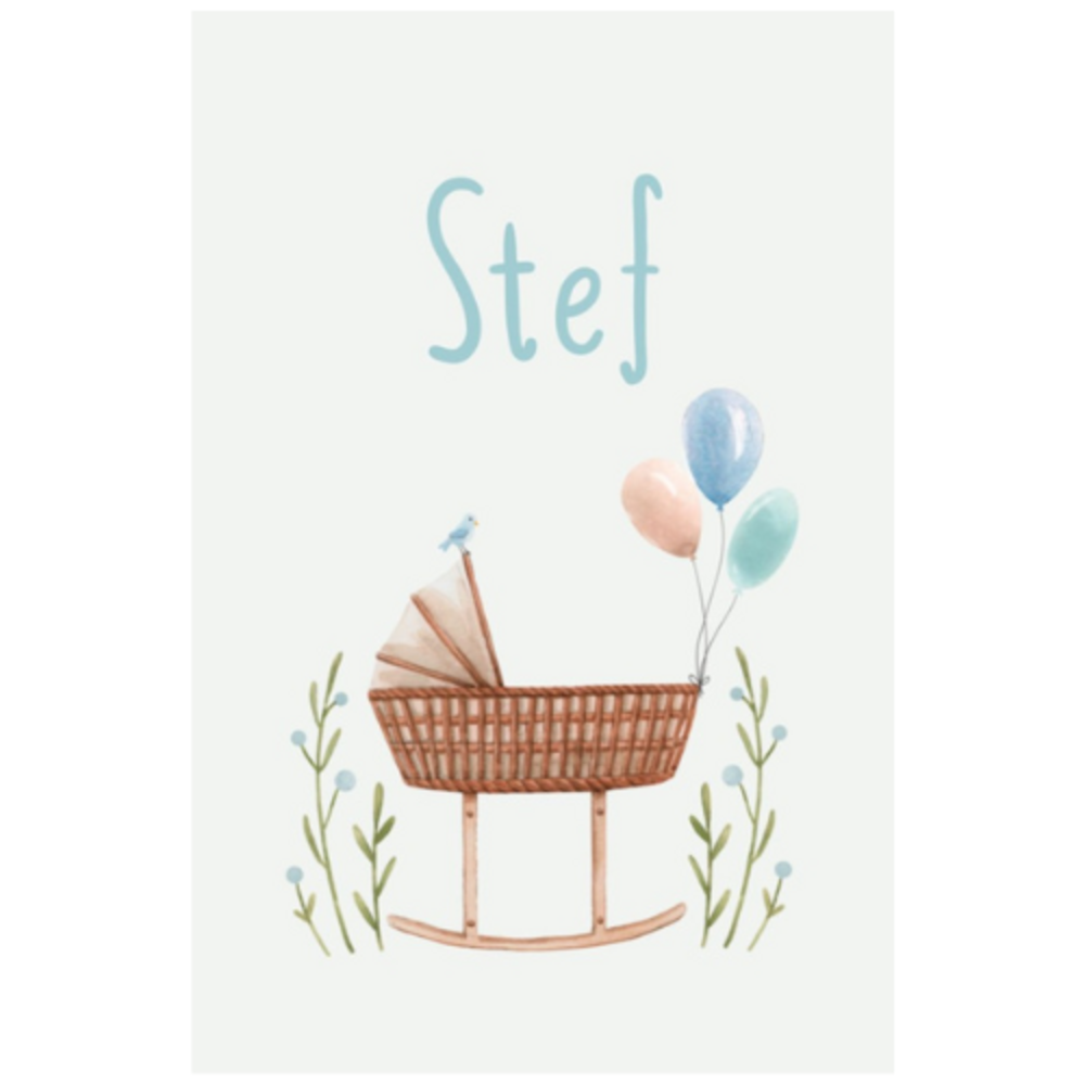 Geboortekaartje Stef - met wiegje en bloemenkrans